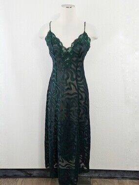 Vintage Victoria's Secret slip dress nightgown dark green swirls sheer medium M
